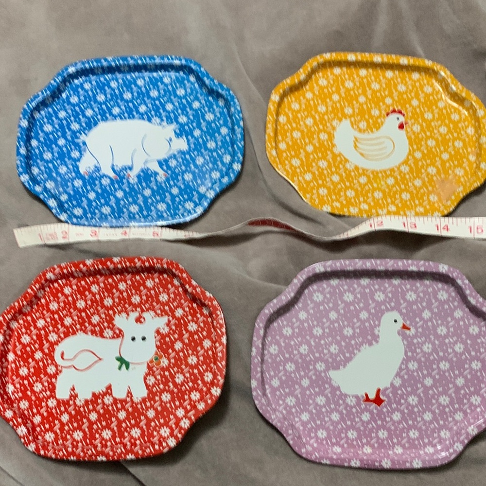 Set of 4 Farm Animal Melamine Serving Trays in Blue, Yellow, Red & Lavender
